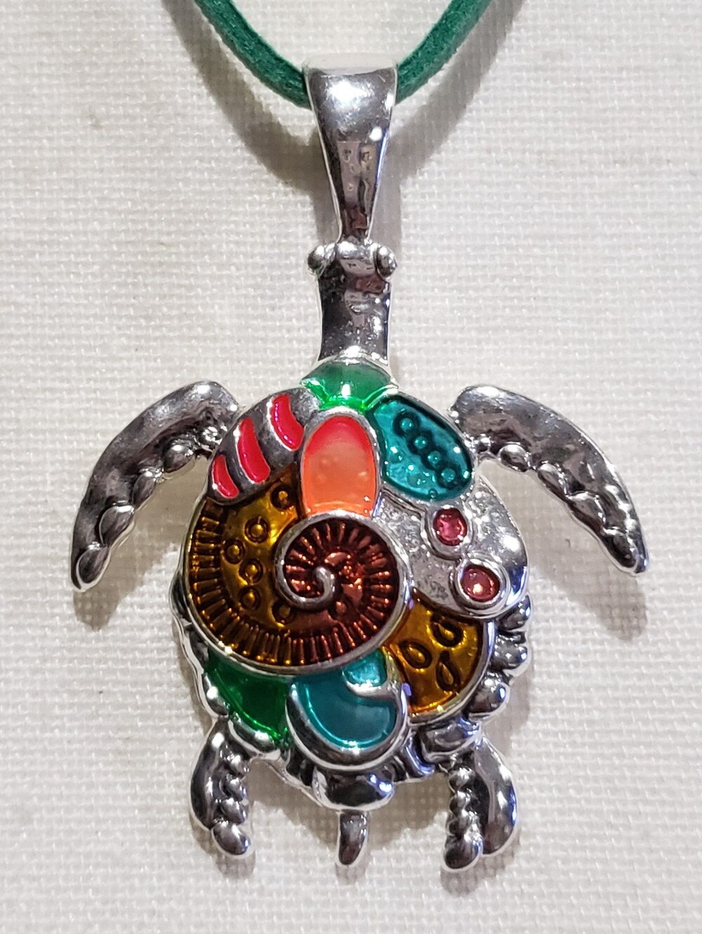 Multicolor Turtle Pendant Necklace - Green Suede Cord